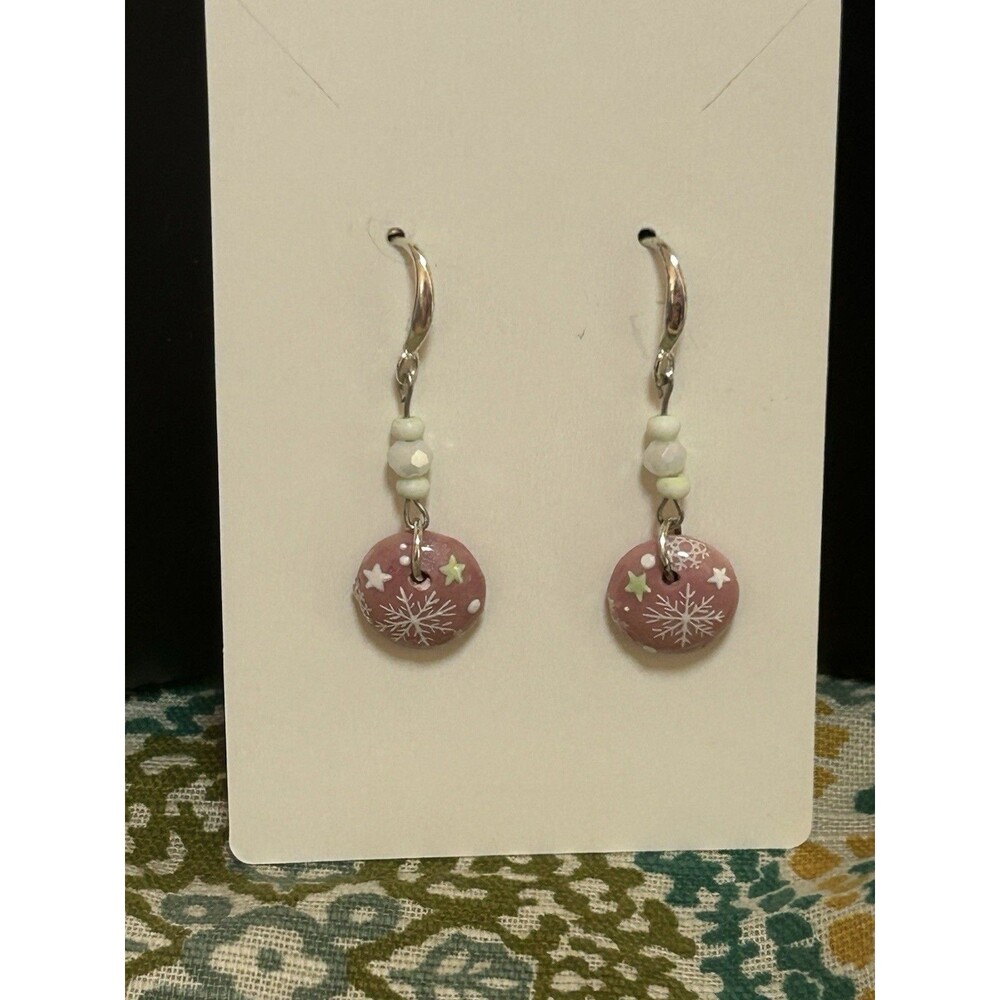 Handmade Polymer Clay Earrings Winter Snowflake‎ Pink